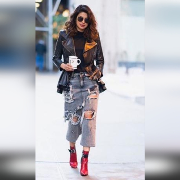 R13 Denim Double Classic ShreddedHem Skirted Jeans - Picture 2 of 16